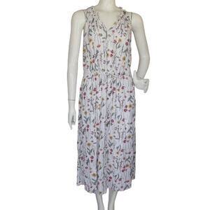 WELL WORN Dress, S, Off-white Linen, Multicolor Floral, Sleeveless, Drawstring